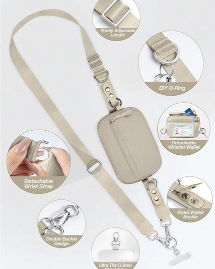 Clip and Go Strap for Phone with Wallet Crossbody Phone Lanyard Adjustable and Detachable RFID Wristlet Wallet with ID Window and Zipper, Khaki