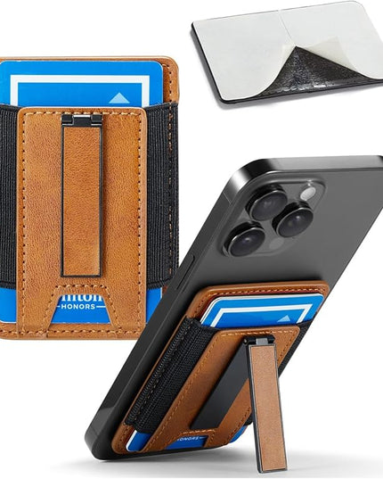 BIAJIYA Phone Wallet Sticky Back with Stand - Holds 6 Cards for iPhone & Samsung, Ultra Thin Leather & Stretch Fabric Card Holder (LiBrown)