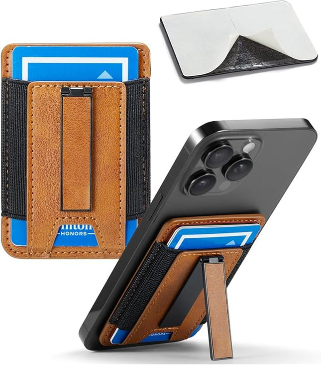 BIAJIYA Phone Wallet Sticky Back with Stand - Holds 6 Cards for iPhone & Samsung, Ultra Thin Leather & Stretch Fabric Card Holder (LiBrown)