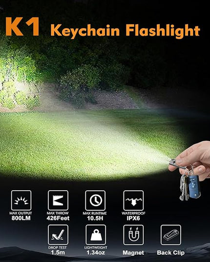 VTIGER K1 Keychain Flashlights, 800 Lumens Portable Flat Little Light,USB Rechargeable Mini Pocket EDC Flashlight with Clip,Compact LED Keyring Lights with Magnet for Everyday Carry,Camping,Emergency