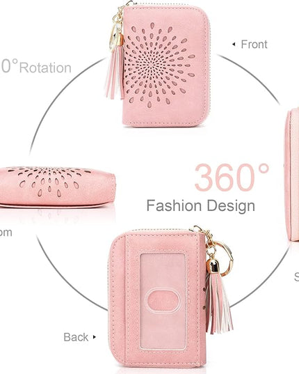 APHISON RFID Credit Card Holder Zipper Card Case Keychain Small Wallet for Women 1927 PINK