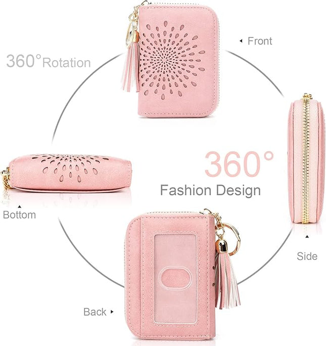 APHISON RFID Credit Card Holder Zipper Card Case Keychain Small Wallet for Women 1927 PINK