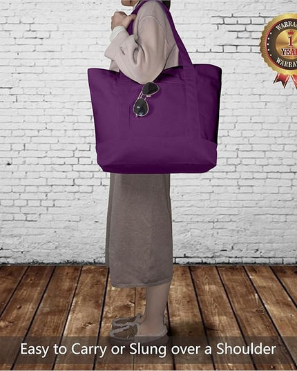 TOPDesign 3-Pack Canvas Tote Bags with an External Pocket, Reusable Grocery Shopping Bags, Top Zipper Closure, Daily Essentials (Purple)