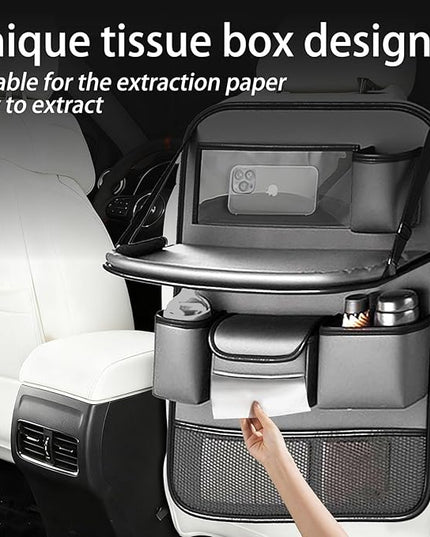 2 Pack Leather Car Backseat Organizer with Foldable Table Tray, Car Storage Organizer with Tablet Holder, Car Seat Back Protectors Kick MatsTravel Accessories