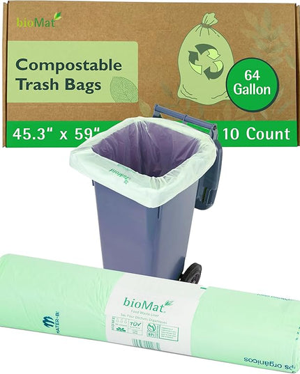 bioMat 64 Gallon Compostable Compost Bin Liners, 10 Count, Extra Large Kitchen Compost bags for Food Waste, BPI ASTM D6400 Certified Kitchen Food Scrap Waste Bags