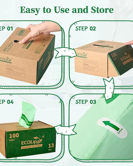 ECOLipak 13 Gallon Compostable Trash Garbage Bags, 100 Count (2 Rolls) Biodegradable Heavy Duty Bathroom Kitchen Trash Bags for Home/Office, US BPI ASTM D6400 and OK Compost Home Certified