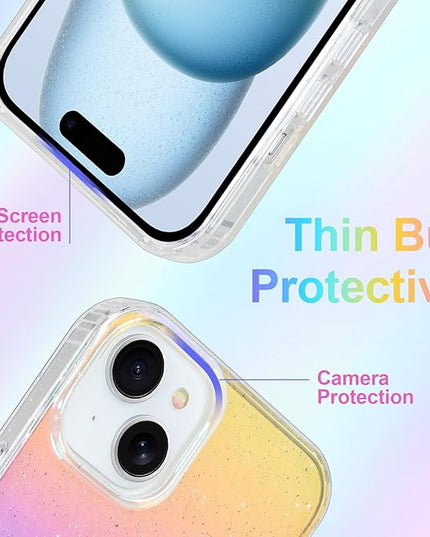 Glitter Case for iPhone 15 Case for Women Girls [ Compatible with Magsafe ] Clear Cute Girly Aesthetic Iridescent Rainbow Sparkly Bling Magnetic Phone Cover, Gradient Blue & Pink