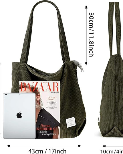 KALIDI Women Corduroy Tote Bag Zipper Casual Tote's Handbag Big Capacity Shoulder Bag with Pockets