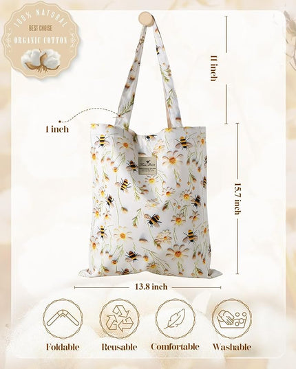 Aesthetic Cotton Tote Bag for Women - Reusable Shoulder Bag with Buckle Fabric Bag for Gym, Travel, Work