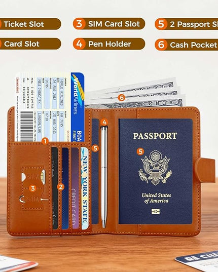 Melsbrinna Premium Leather Passport Holder Covers Case, Waterproof Rfid Blocking Travel Wallet Passport Holder with Pen Holder, Cute Passport Book for Women/Men