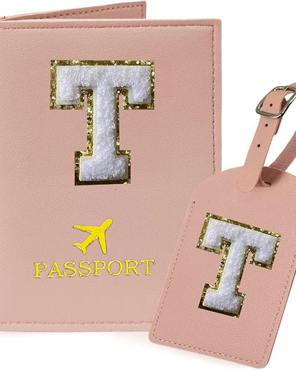 COSHAYSOO Personalized Passport Cover Holder and Initial Luggage Tag Set with Chenille Letter Patch for Women Teen Girls Couples, Preppy Travel Bag Suitcase Identifier Pink T