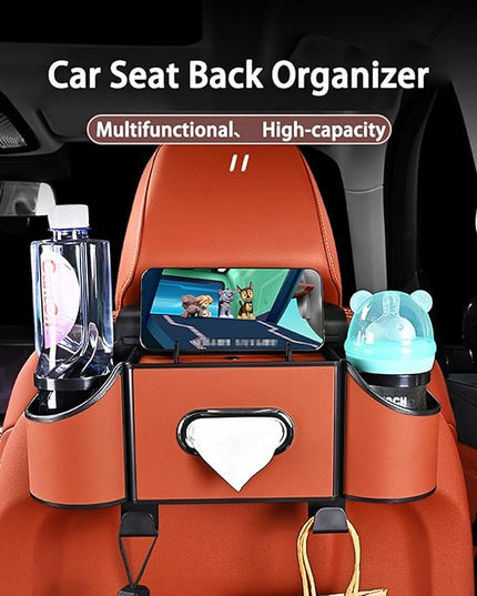 Back Seat Car Organizer,4 in 1 Multifunctional Car Back Seat Storage Box with Drink Cup Holder Tissue Box, for Hold Phone,Snacks, Drinks, Handbag-Orange