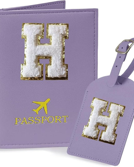 COSHAYSOO Purple Initial Passport Cover Holder and Luggage Tag Set TSA Approved with Letter Name Patch for Women Teenage, Travel Passport Book Vaccine Card Combo Bag Suitcase Identifier (H)
