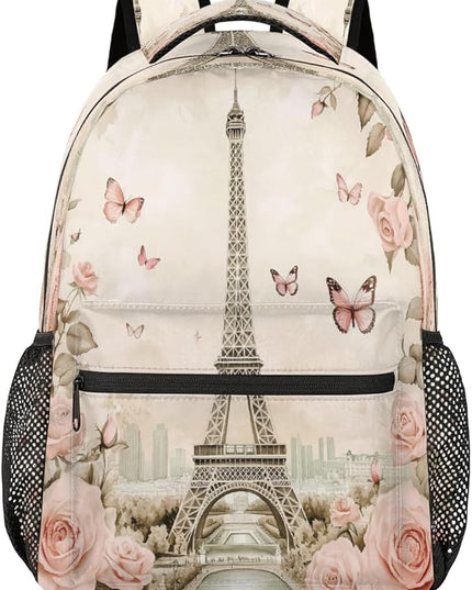 Large Backpack with 15.6 Inch Laptop Compartment, Retro Paris Tower Roses Adult Backpack for Work, Travel & School College Boys Girls