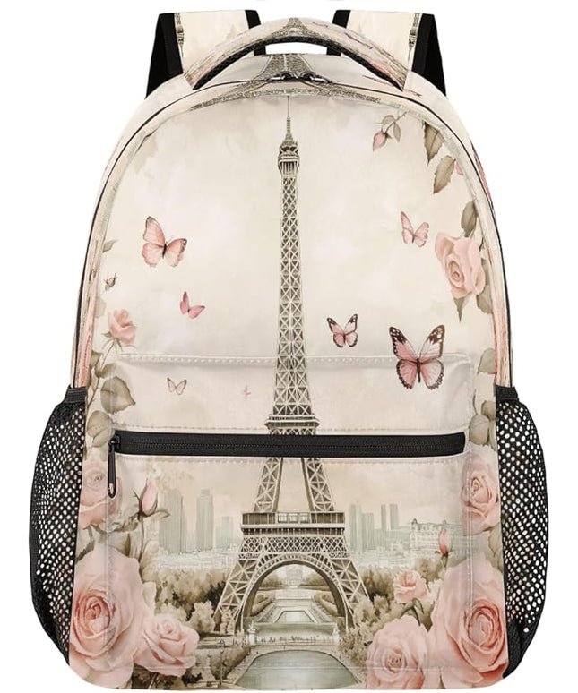 Large Backpack with 15.6 Inch Laptop Compartment, Retro Paris Tower Roses Adult Backpack for Work, Travel & School College Boys Girls