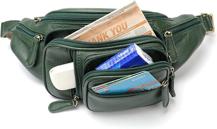 Genuine Leather Fanny Pack large capacity Crossbody Waist Bag with Zipper phone Pockets green