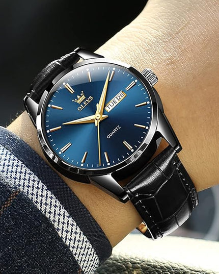 OLEVS Watches for Men Brown Leather Gold Case Analog Quartz Fashion Business Dress Watch Day Date Luminous Waterproof Casual Male Wrist Watches