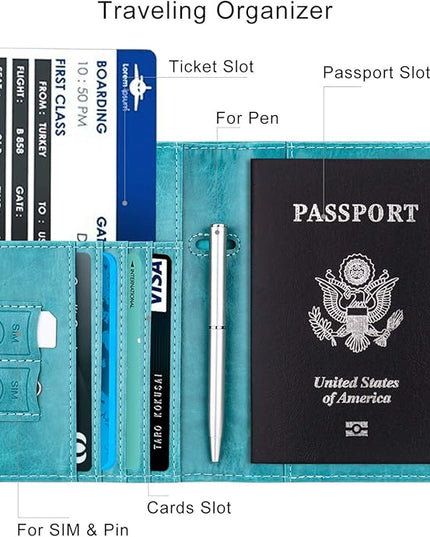 WALNEW Passport Holder for Travel, RFID Passport Cover Wallet for Women Men, PU Leather Passport Book Card Holder Case with Pen, Travelling Essentials for Flying