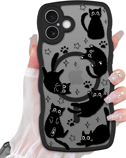 Cute Case for iPhone 16 Plus Case [Compatible with MagSafe] with Kawaii Black Cats Cat Print Pattern Design for Women Girls, Soft Wavy Edge Anti-Slip Animal Magnetic Protective Phone Cover