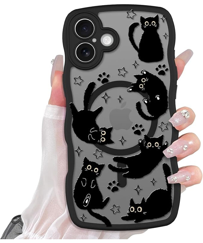 Cute Case for iPhone 16 Plus Case [Compatible with MagSafe] with Kawaii Black Cats Cat Print Pattern Design for Women Girls, Soft Wavy Edge Anti-Slip Animal Magnetic Protective Phone Cover
