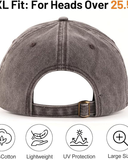 XXL Oversize Washed Denim Baseball Cap,Low Profile Jean Sports Cap for Big Heads 23.5"-25.5",Large Pigment Dyed Dad Hat