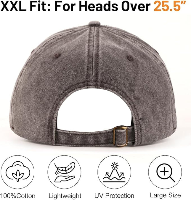 XXL Oversize Washed Denim Baseball Cap,Low Profile Jean Sports Cap for Big Heads 23.5"-25.5",Large Pigment Dyed Dad Hat