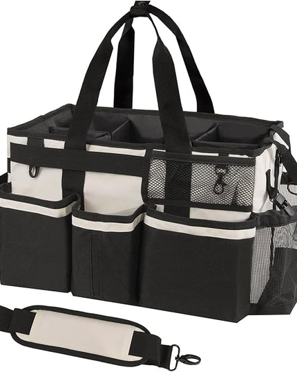 Wearable Cleaning Caddy, Cleaning Caddy Supplies Organizer with Handle & Shoulder Straps for Housekeepers, Under Sink & Car Cleaning Tool Organizers Bag with 4 Foldable Divider (Beige)