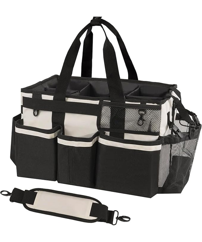 Wearable Cleaning Caddy, Cleaning Caddy Supplies Organizer with Handle & Shoulder Straps for Housekeepers, Under Sink & Car Cleaning Tool Organizers Bag with 4 Foldable Divider (Beige)