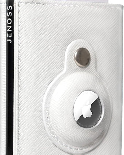Jenoss Full Grain Leather Wallet for Men & Women – Slim RFID Blocking Smart Wallet with AirTag Pop-Up Case, Minimalist 9-12 Card Slots, ID & Cash Holder, Apple AirTag Tracker – White