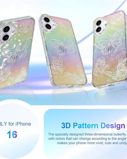 Cute Case for iPhone 16 Case for Women Girls, with 3D Butterflies Pattern Design, Aesthetic Clear Iridescent Glitter Kawaii Girly Rainbow Protective Phone Cover