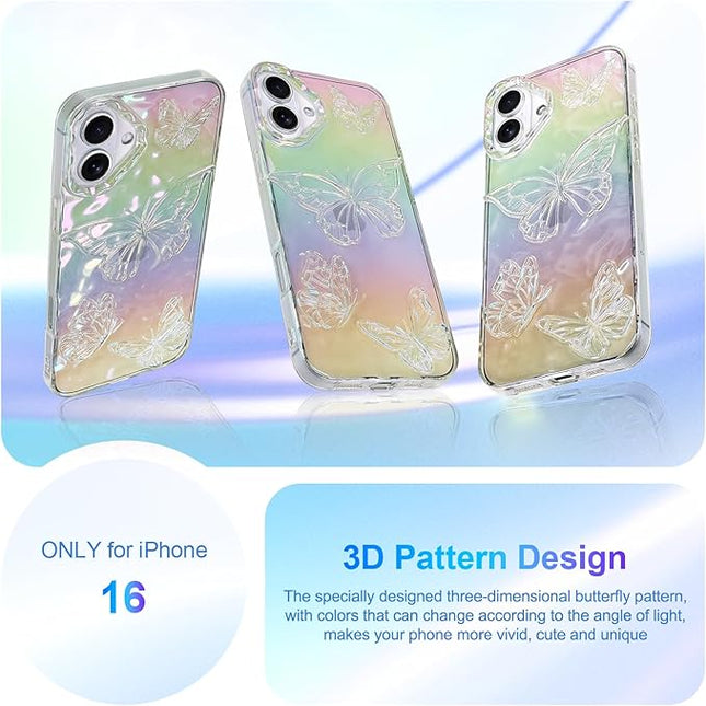 Cute Case for iPhone 16 Case for Women Girls, with 3D Butterflies Pattern Design, Aesthetic Clear Iridescent Glitter Kawaii Girly Rainbow Protective Phone Cover