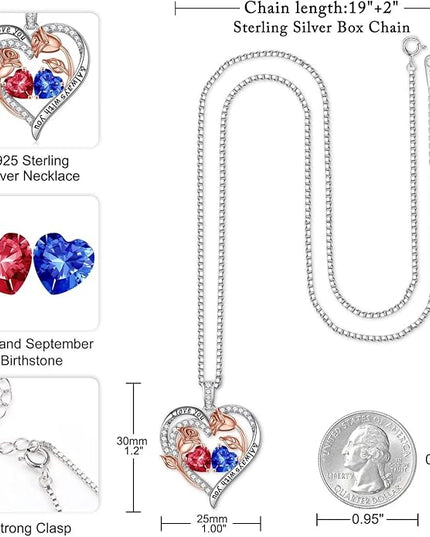 Iefil Christmas Gifts for Women Wife - 925 Sterling Silver Rose Heart Birthstone Necklace Birthday Anniversary Jewelry Gifts for Her Wife Mom Daughter