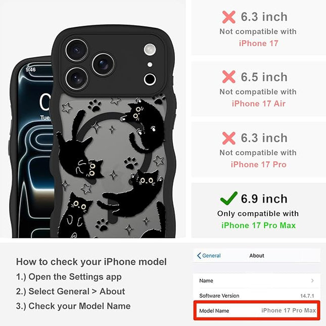 Cute Case for iPhone 17 Pro Max Case [Compatible with MagSafe] with Kawaii Black Cats Cat Print Pattern Design for Women Girls, Soft Wavy Edge Anti-Slip Animal Magnetic Protective Phone Cover