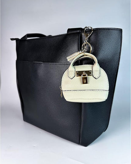 Plinvo Cute Genuine Leather Keychain Coin Purse for Women with Tassels Mini Change Pouch Brown (Off white)