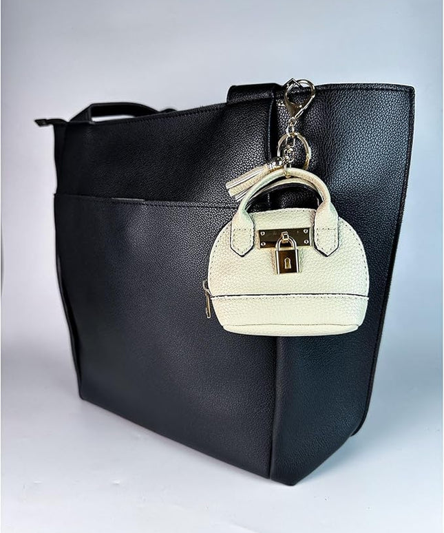 Plinvo Cute Genuine Leather Keychain Coin Purse for Women with Tassels Mini Change Pouch Brown (Off white)