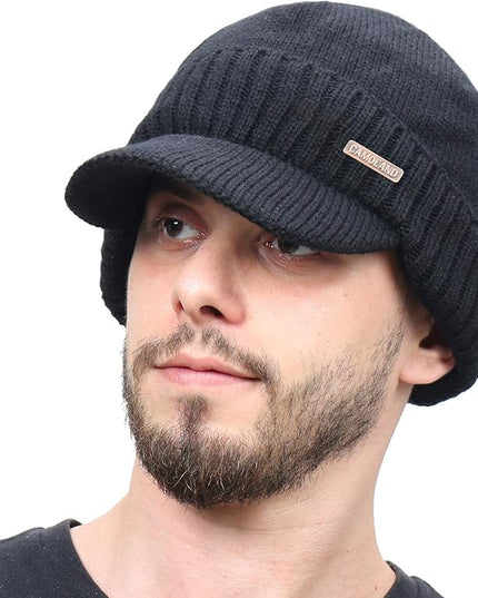 Winter Beanie w/Visor & Earflaps for Men Outdoor Fleece Hat Scarf Set