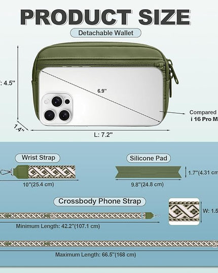 Clip and Go Strap for Phone with Wallet Crossbody, Adjustable Phone Lanyard with Detachable RFID Wristlet Wallet, Pattern Strap - Olive Green(L)