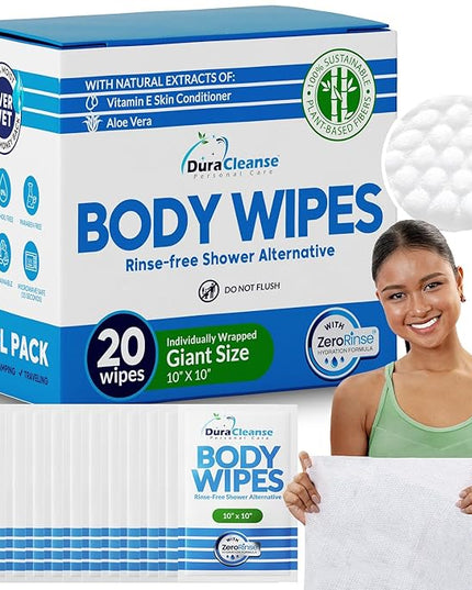 Body Wipes for Adults Bathing No Rinse - 20 Count Travel Shower Wipes - 10 x 11.5" Individually Wrapped Thick Cleansing Waterless Wash Scrubs - Disposable Washcloths for Camping & Elderly Incontinence