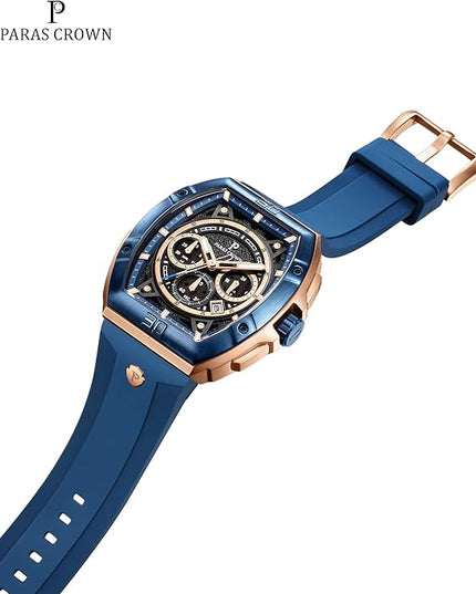 Paras Crown Watches for Men Tonneau 5ATM Waterproof Quartz Luxury Chronograph Analog Men's Wrist Watches Stainless Steel Case Mens Watches