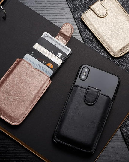 Phone Card Holder RFID Sleeve, Pu Leather Back Phone Wallet Stick-On Pull 5 Card Holder Universally Pocket Covers Credit Cash for iPhone/Android/All Smartphones (RoseGold)
