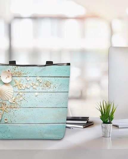 Pardick Blue Wooden Seashell Canvas Tote Bag, Womens Shoulder Bag Handbag with Zipper Book Tote Reusable Grocery Shopping Bags Beach Bag