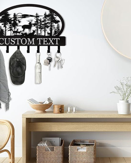 KAINSY Personalized Key Holder for Wall, Custom Name Deer Key Holder Wall Mount, Metal Cabin Key Coat Rack, Wall Key Hooks Organizer Key Hanger for Kitchen, Doorway, Hallway, Office, Home Decor Gifts