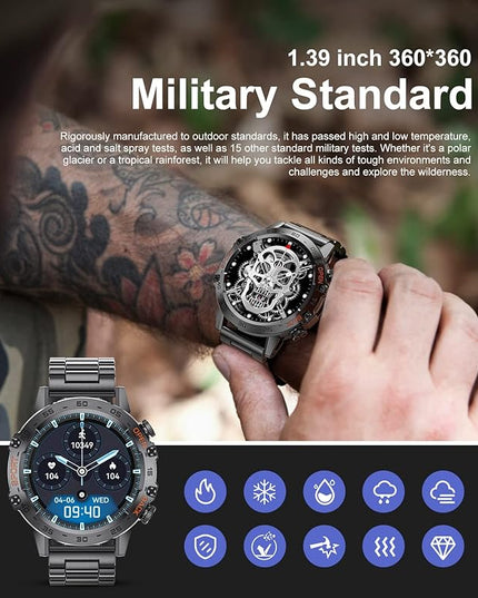 SUNKTA Military Smart Watch for Men(Answer/Dial Calls),5ATM Waterproof Fitness Watch,100 Sports Modes, with Blood Pressure/Heart Rate/SpO2 for Android/iOS,1.39''HD DIY Screen Smart Watch