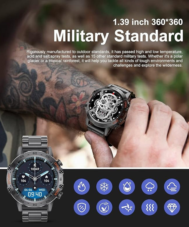 SUNKTA Military Smart Watch for Men(Answer/Dial Calls),5ATM Waterproof Fitness Watch,100 Sports Modes, with Blood Pressure/Heart Rate/SpO2 for Android/iOS,1.39''HD DIY Screen Smart Watch