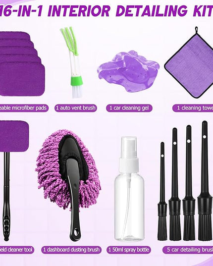 16 Pcs Windshield Cleaner Tool, Car Cleaning Kit with Various Detailing Brushes Set Spray Bottle Cleaner Towel Cleaning Gel Accessories Car Interior Detailing Kit for Windows Vents(Purple)