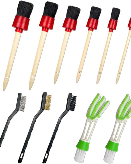 11 Piece Car Detailing Kit Set - Car Wheels, Exterior, Interior Cleaning Detail Supplies - Boars Hair, Stainless Steel Wire, Duster Brushes