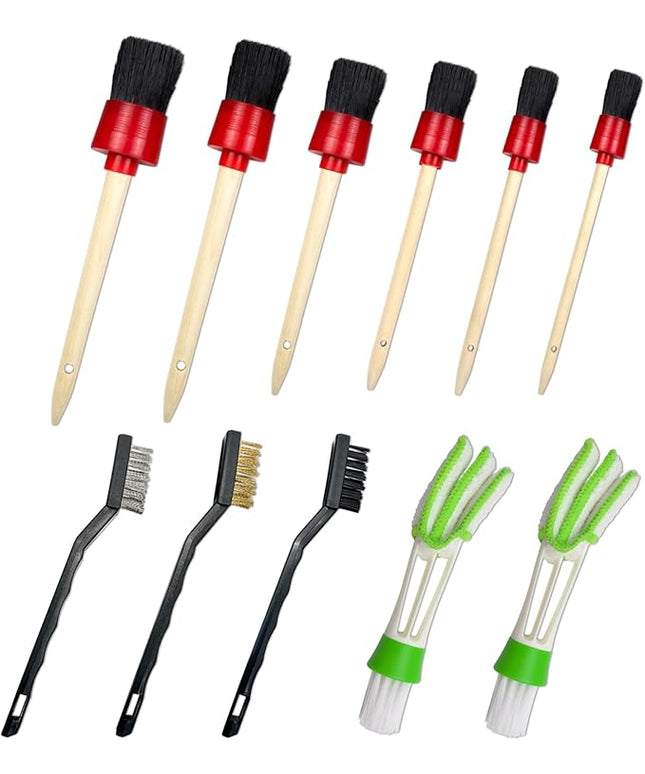 11 Piece Car Detailing Kit Set - Car Wheels, Exterior, Interior Cleaning Detail Supplies - Boars Hair, Stainless Steel Wire, Duster Brushes