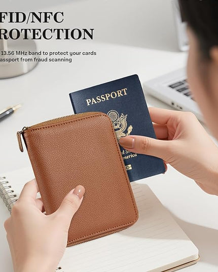 CoBak Passport Holder Cover with Safe Zipper Closure, Premium Passport Wallet for Travel, RFID Blocking Card Case, Waterproof Travel Accessories for Man, Pebbled Brown