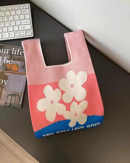 Women's Wrist Knot Tote Bag Small Crochet Wristlet Handbag Aesthetic Cute Knit Purse (Very Small Size)