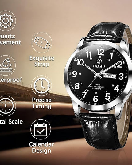 Men's Watches Leather Band Stainless Steel Quartz Analog Watch Luxury Waterproof Watches for Men Dress Men's Wrist Watch with Day Date Arabic Numeral Relojes para Hombre
